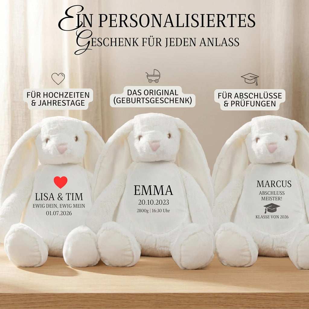 Personalisiertes Kuscheltier mit Namen & Wunschtext | Stofftier Hase Geschenk zu Geburt, Taufe, Prüfung & Geburtstag | Plüschtier für Babys & Erwachsene (42 cm, EN71) (Cream, Wunschtext)
