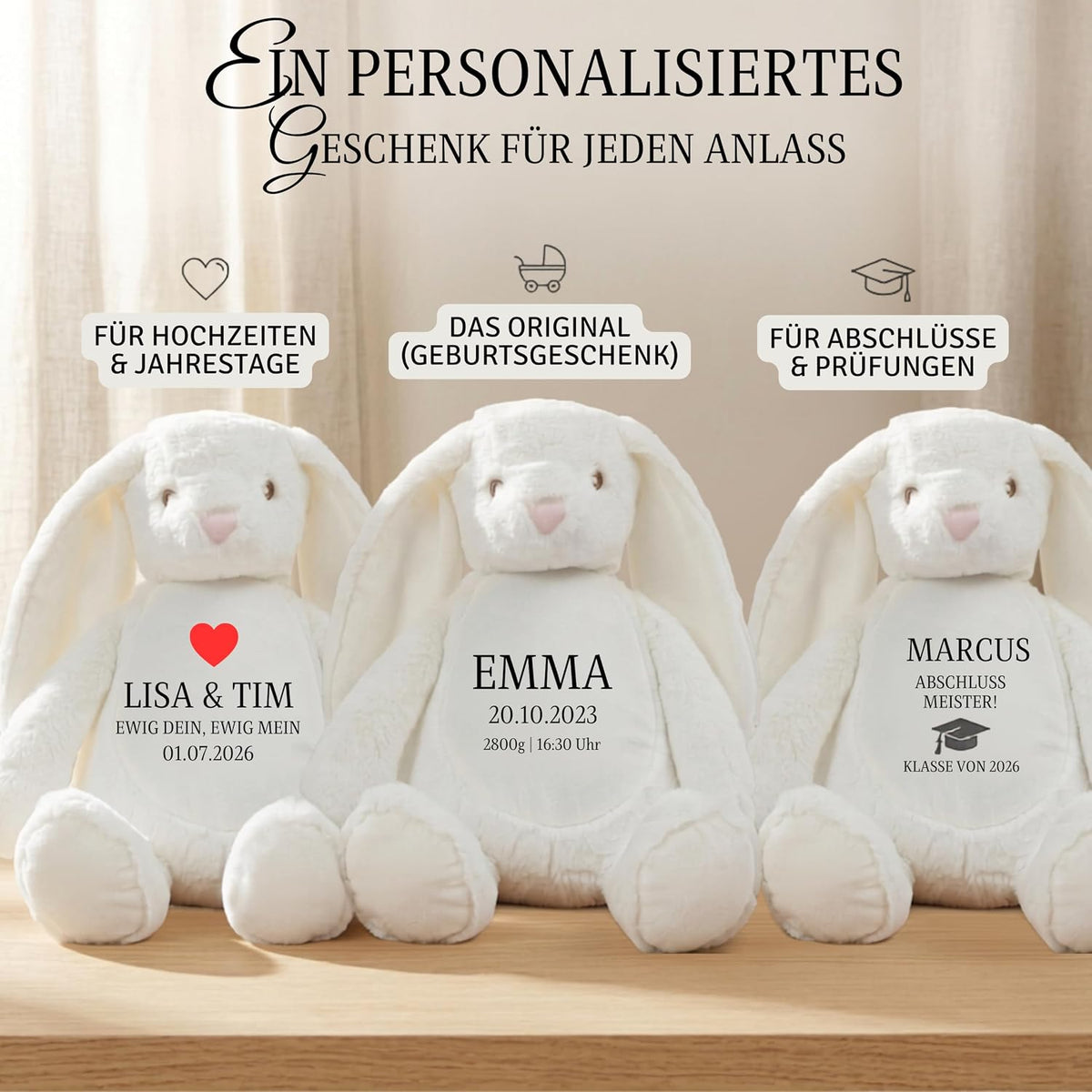 Personalisiertes Kuscheltier mit Namen & Wunschtext | Stofftier Hase Geschenk zu Geburt, Taufe, Prüfung & Geburtstag | Plüschtier für Babys & Erwachsene (42 cm, EN71) (Cream, Wunschtext)