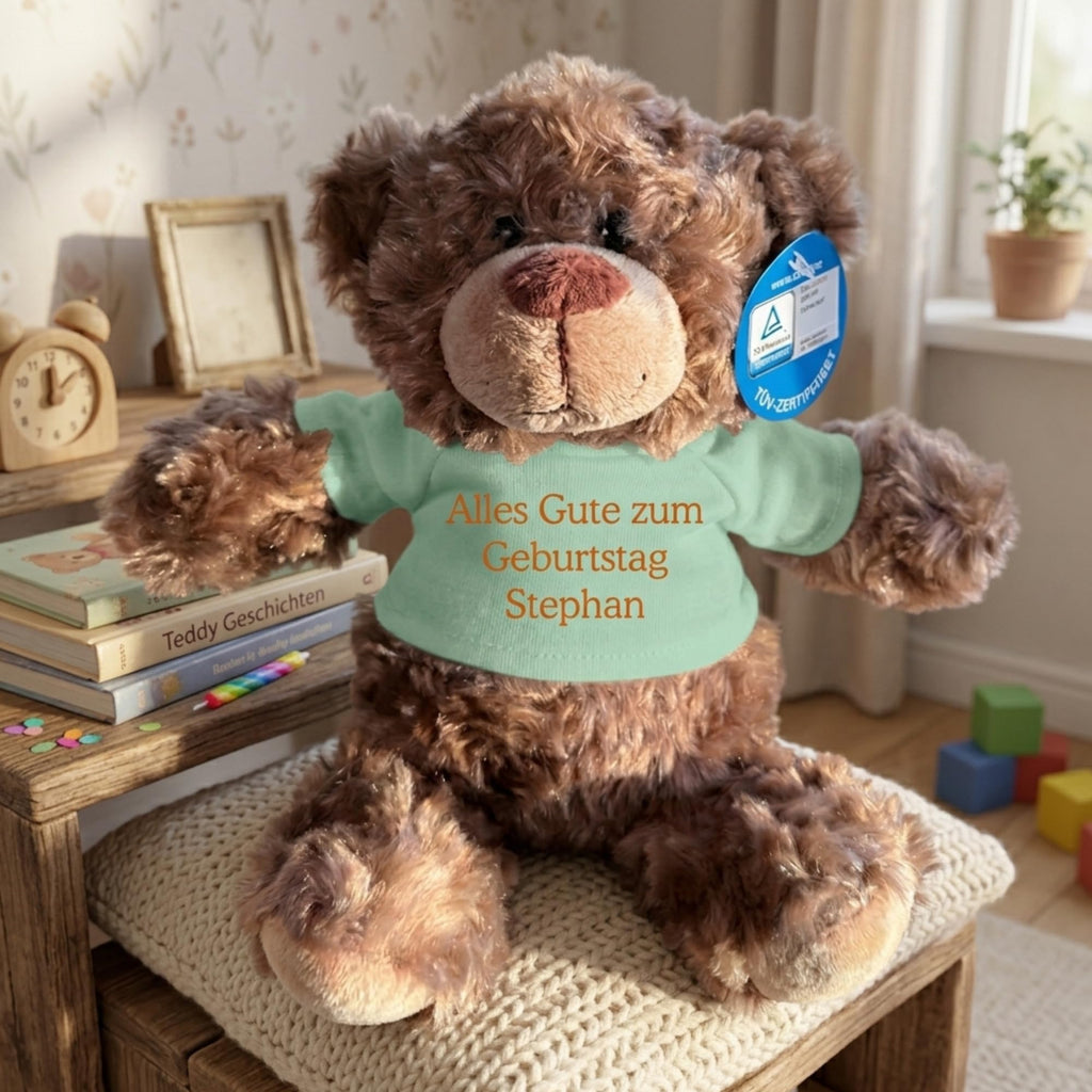 Personalisiertes Kuscheltier Teddybär mit bedrucktem Mini-T-Shirt – Eigenes Foto (nur weißes Shirt) oder Wunschtext – TÜV & EN 71 geprüft, Geschenk Geburt & Taufe (Weiß, S (ca. 18/26 cm))