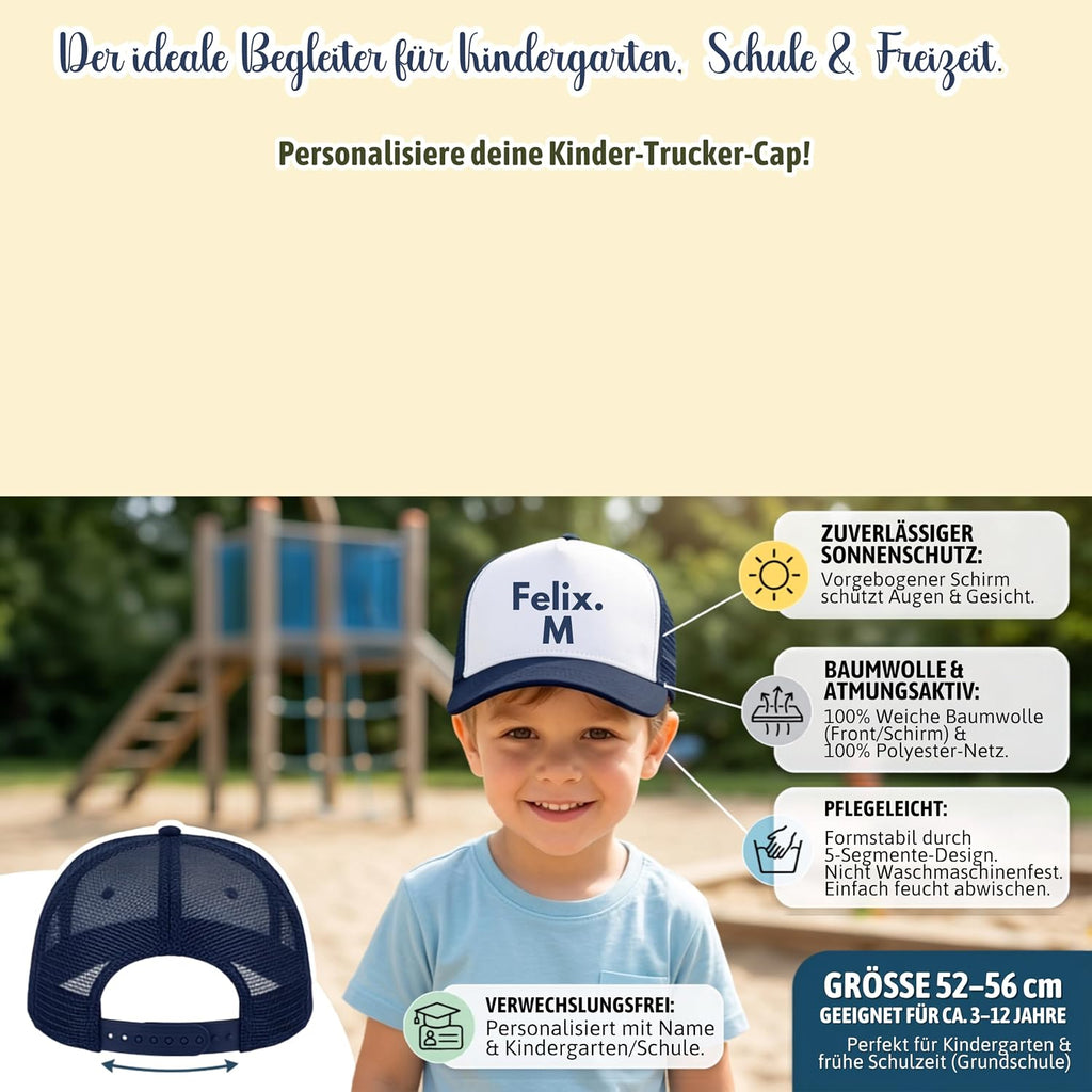 Personalisierte Kinder Trucker Cap mit Wunschname – 5-Panel Baumwoll-Mütze mit Netz & Retro Snapback (ca. 52–56 cm)