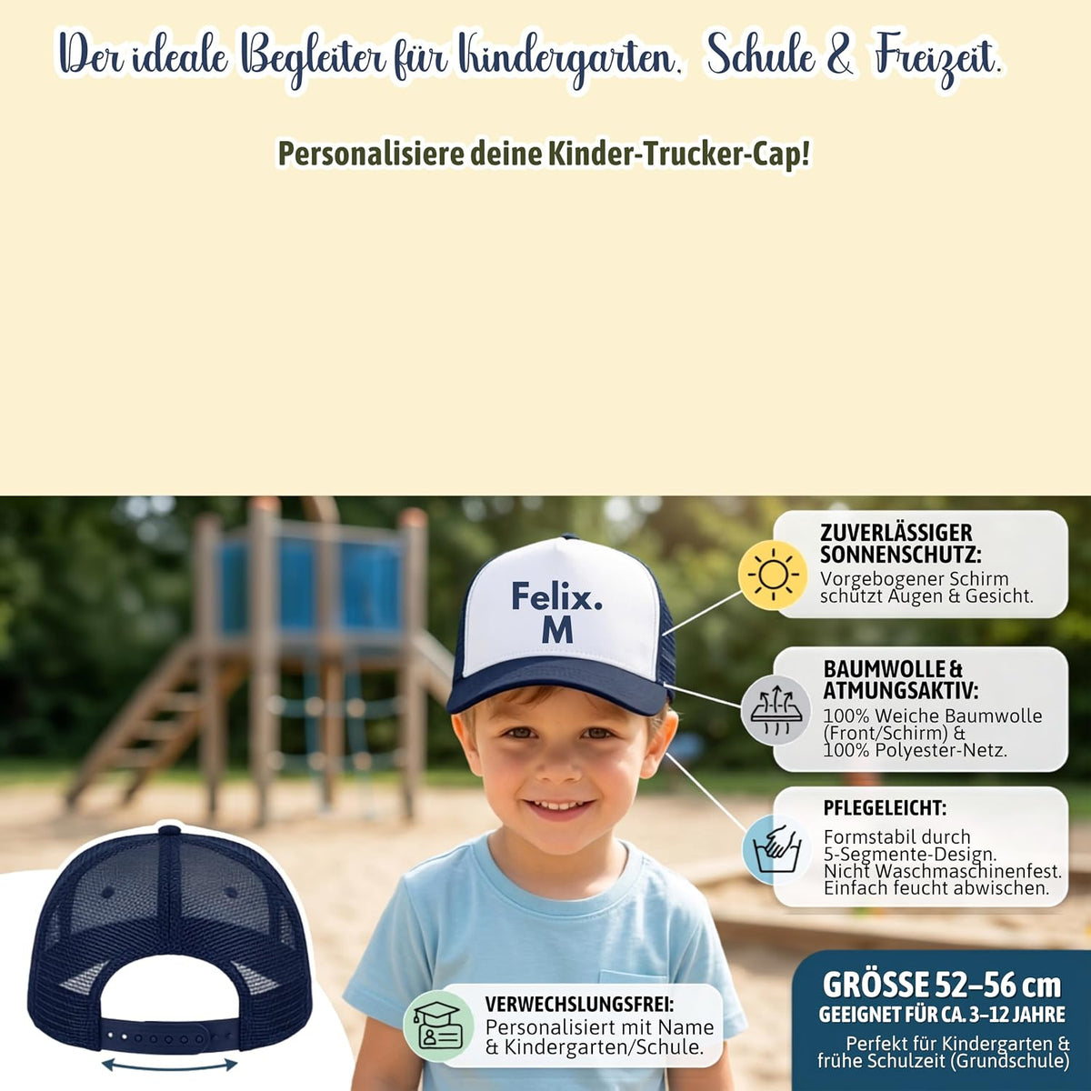 Personalisierte Kinder Trucker Cap mit Wunschname – 5-Panel Baumwoll-Mütze mit Netz & Retro Snapback (ca. 52–56 cm)