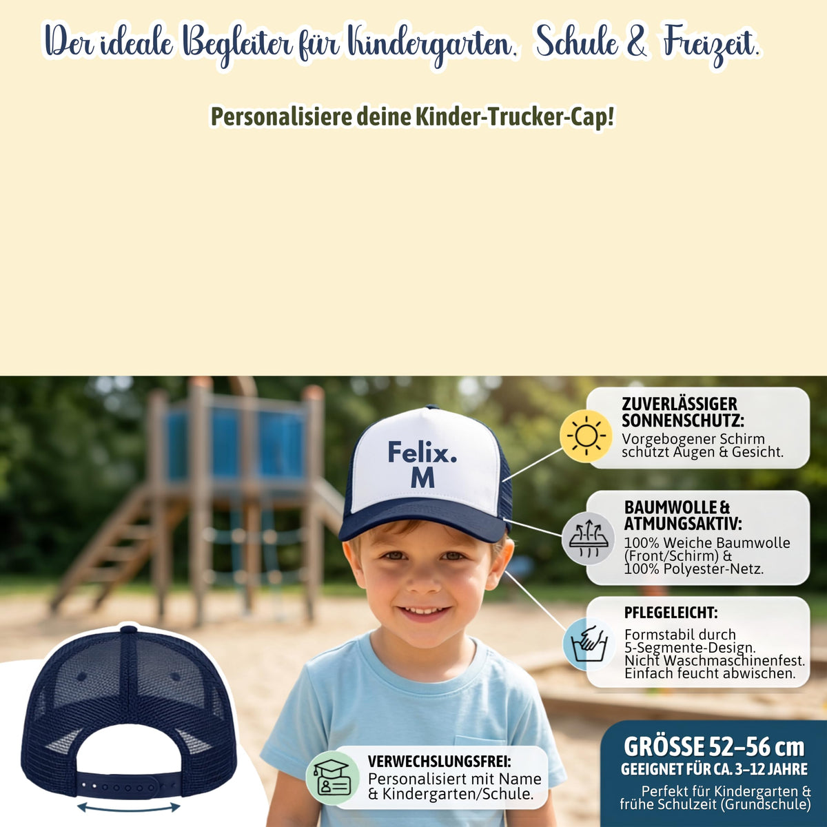 Personalisierte Kinder Trucker Cap mit Wunschname – 5-Panel Baumwoll-Mütze mit Netz & Retro Snapback (ca. 52–56 cm)