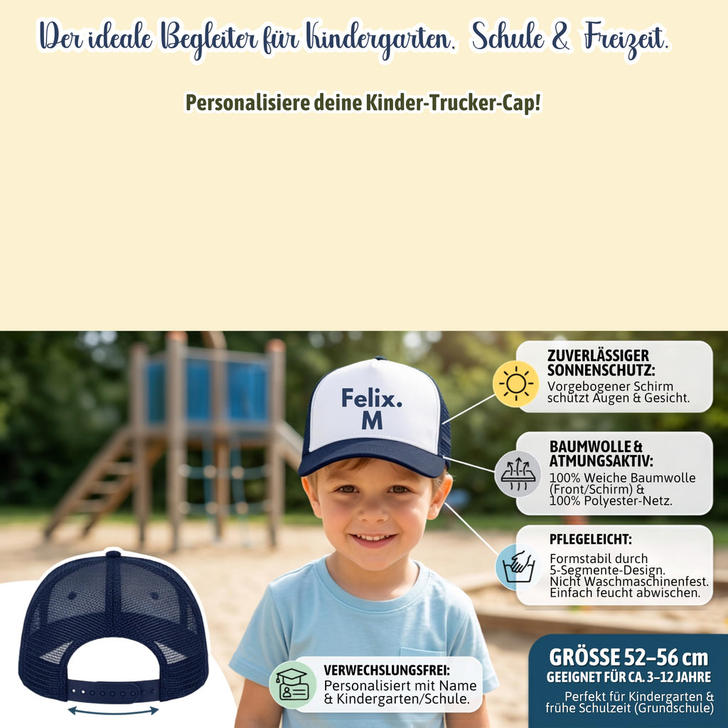 Personalisierte Kinder Trucker Cap mit Wunschname – 5-Panel Baumwoll-Mütze mit Netz & Retro Snapback (ca. 52–56 cm)