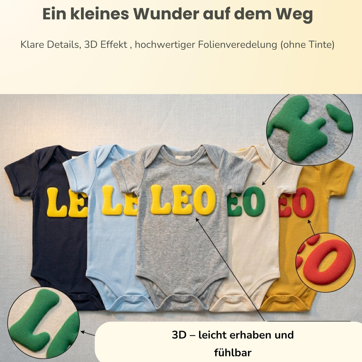 Baby body Strampler selbst gestalten personalisiert mit Namen – 3D Puff Herz aus Bio-Baumwolle –Geschenk zur Geburt, Babyshower & Taufe, Unisex