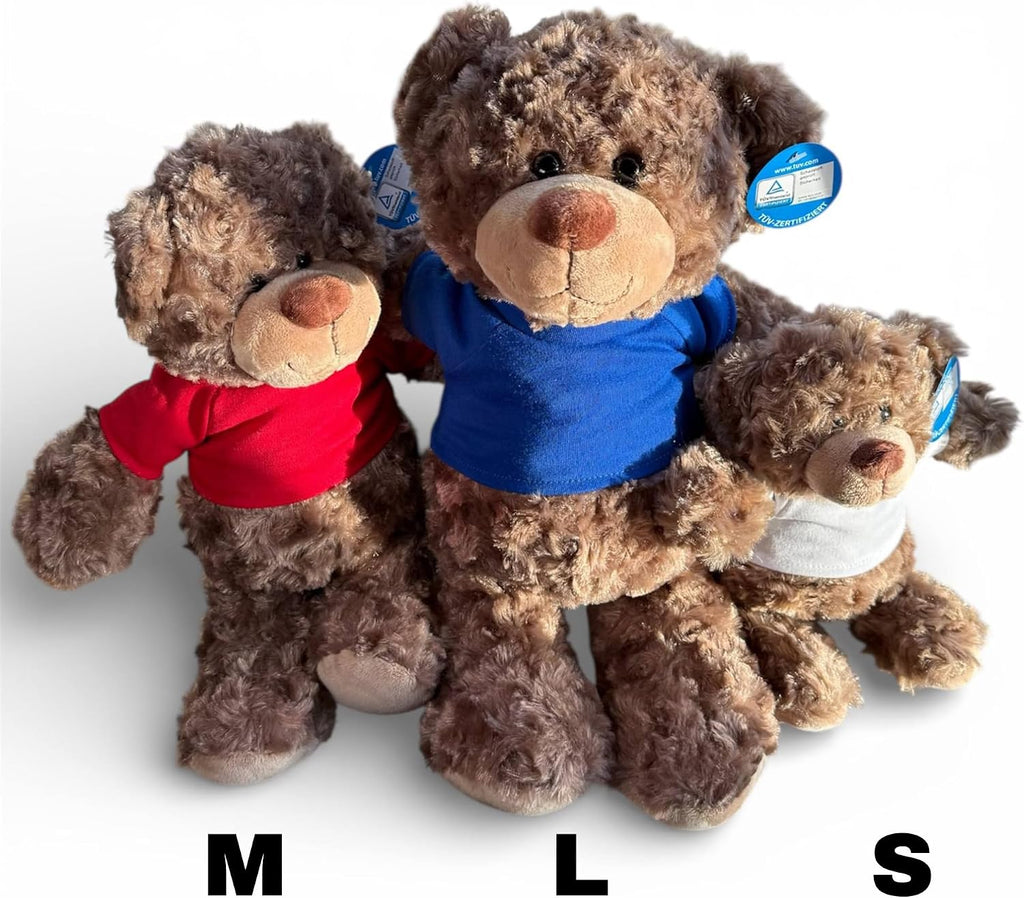 Personalisiertes Kuscheltier Teddybär mit bedrucktem Mini-T-Shirt – Eigenes Foto (nur weißes Shirt) oder Wunschtext – TÜV & EN 71 geprüft, Geschenk Geburt & Taufe (Weiß, S (ca. 18/26 cm))