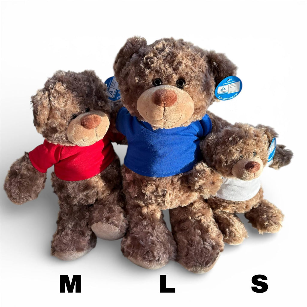 Personalisiertes Kuscheltier Teddybär mit bedrucktem Mini-T-Shirt – Eigenes Foto (nur weißes Shirt) oder Wunschtext – TÜV & EN 71 geprüft, Geschenk Geburt & Taufe (Weiß, S (ca. 18/26 cm))