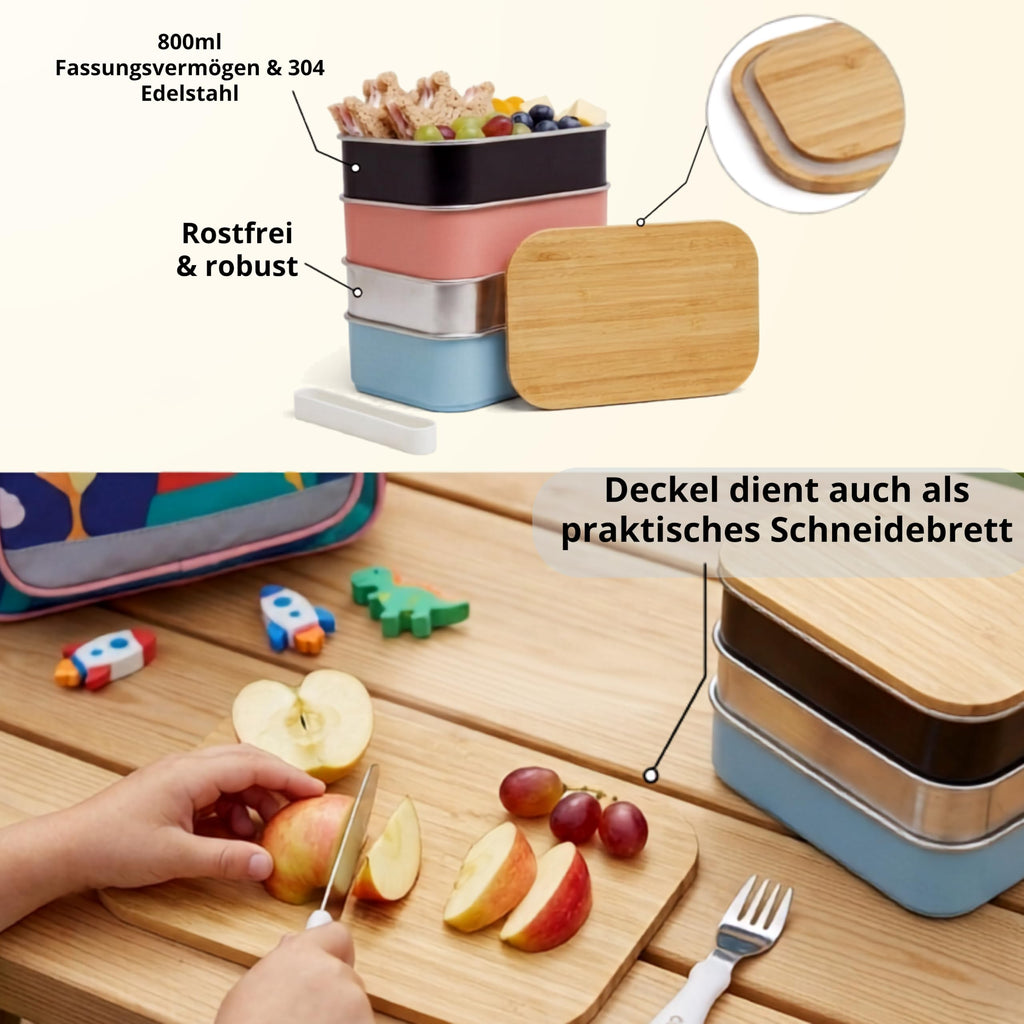 Personalisierte Brotdose Kinder mit Name & Motiv – 800ml Edelstahl Lunchbox mit Bambusdeckel (18x11x6,4 cm) – Auslaufsicher – Vesperdose Kindergarten & Schule (Hellrosa, Wunschtext/Bild)