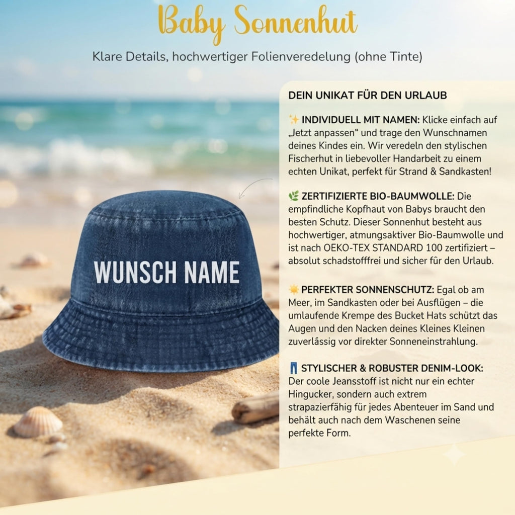 Baby Sonnenhut Personalisiert mit Wunschname- UPF 50+– 100% Bio-Baumwolle Denim Fischerhut, Atmungsaktiv (48-50 cm) Jeans-Fischerhut