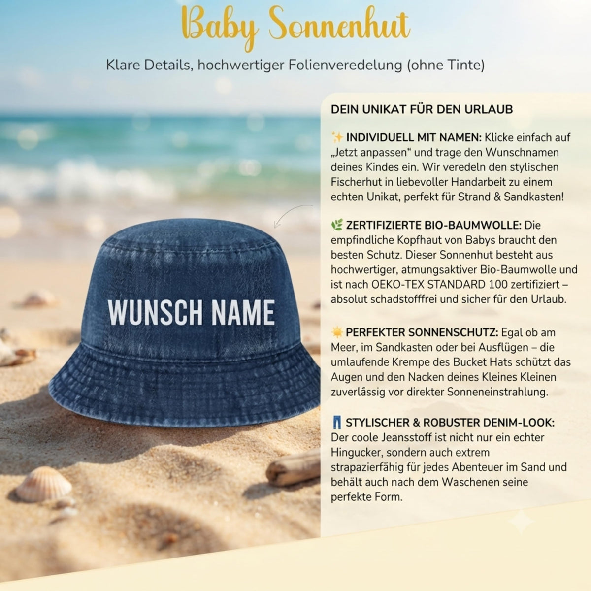 Baby Sonnenhut Personalisiert mit Wunschname- UPF 50+– 100% Bio-Baumwolle Denim Fischerhut, Atmungsaktiv (48-50 cm) Jeans-Fischerhut