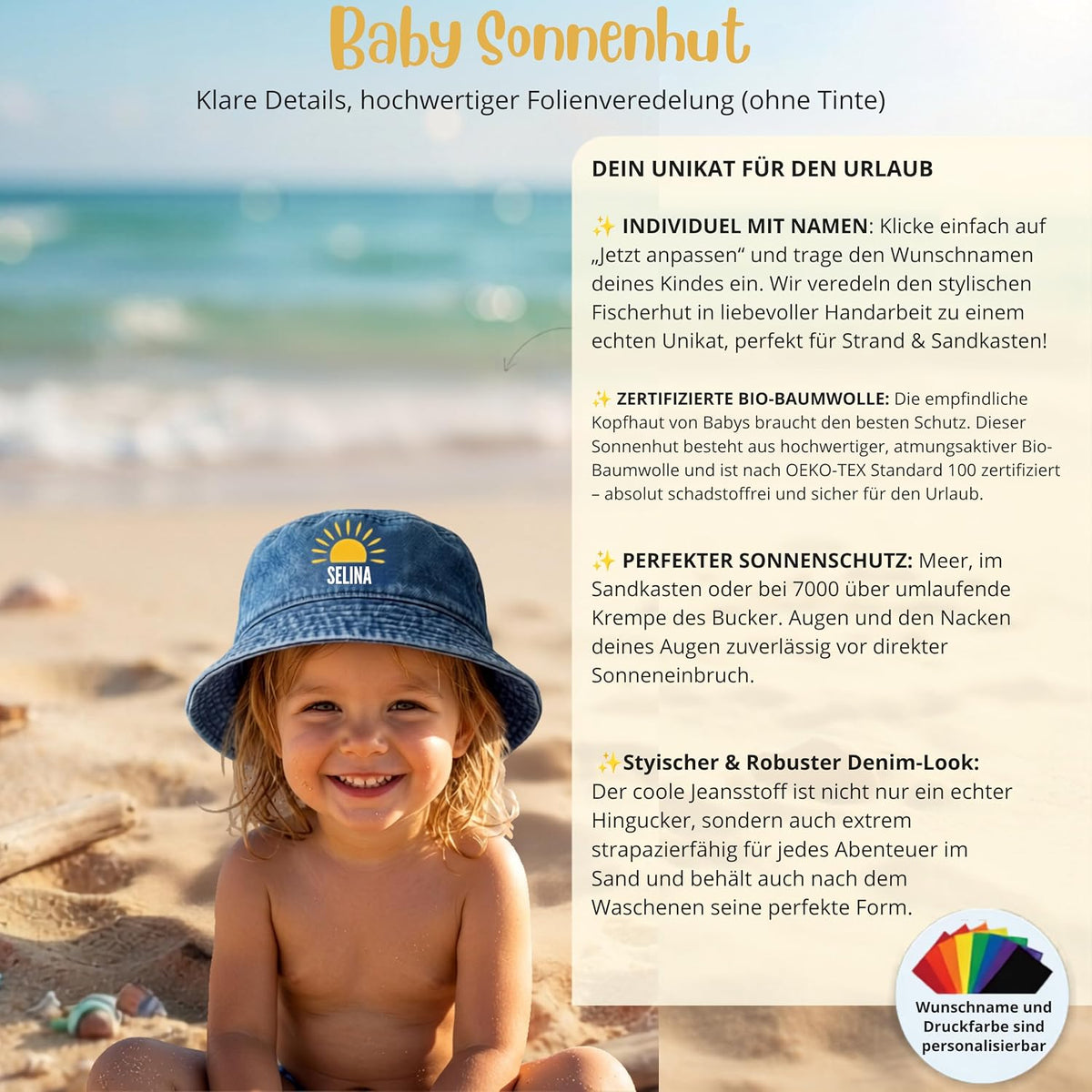 Baby Sonnenhut Personalisiert mit Wunschname- UPF 50+– 100% Bio-Baumwolle Denim Fischerhut, Atmungsaktiv (48-50 cm) Jeans-Fischerhut