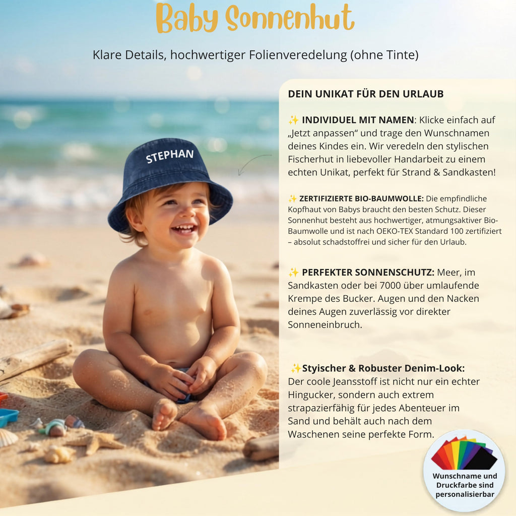 Baby Sonnenhut Personalisiert mit Wunschname- UPF 50+– 100% Bio-Baumwolle Denim Fischerhut, Atmungsaktiv (48-50 cm) Jeans-Fischerhut
