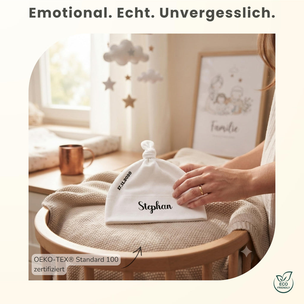 Baby mütze mit Namen Personalisiert babymütze – Knotenmütze für Neugeborene (0–9 Monate / 19 cm) aus Bio-Baumwolle| Geschenk zur Geburt | Für Mädchen & Jungen