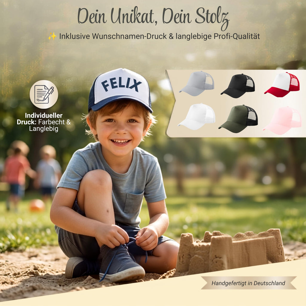 Personalisierte Kinder Trucker Cap mit Wunschname – 5-Panel Baumwoll-Mütze mit Netz & Retro Snapback (ca. 52–56 cm)