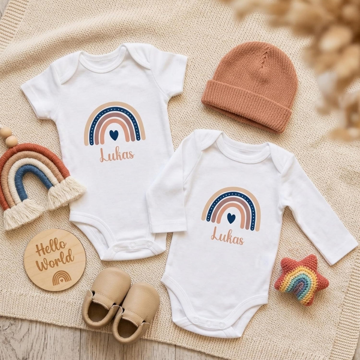 Baby Body personalisiert mit Name – Boho Regenbogen – Schwangerschaft& Baby Ankündigung–Geschenk zur Geburt,Folienveredelung ohne Tinte