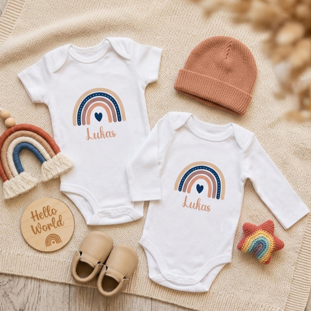 Baby Body personalisiert mit Name – Boho Regenbogen – Schwangerschaft& Baby Ankündigung–Geschenk zur Geburt,Folienveredelung ohne Tinte