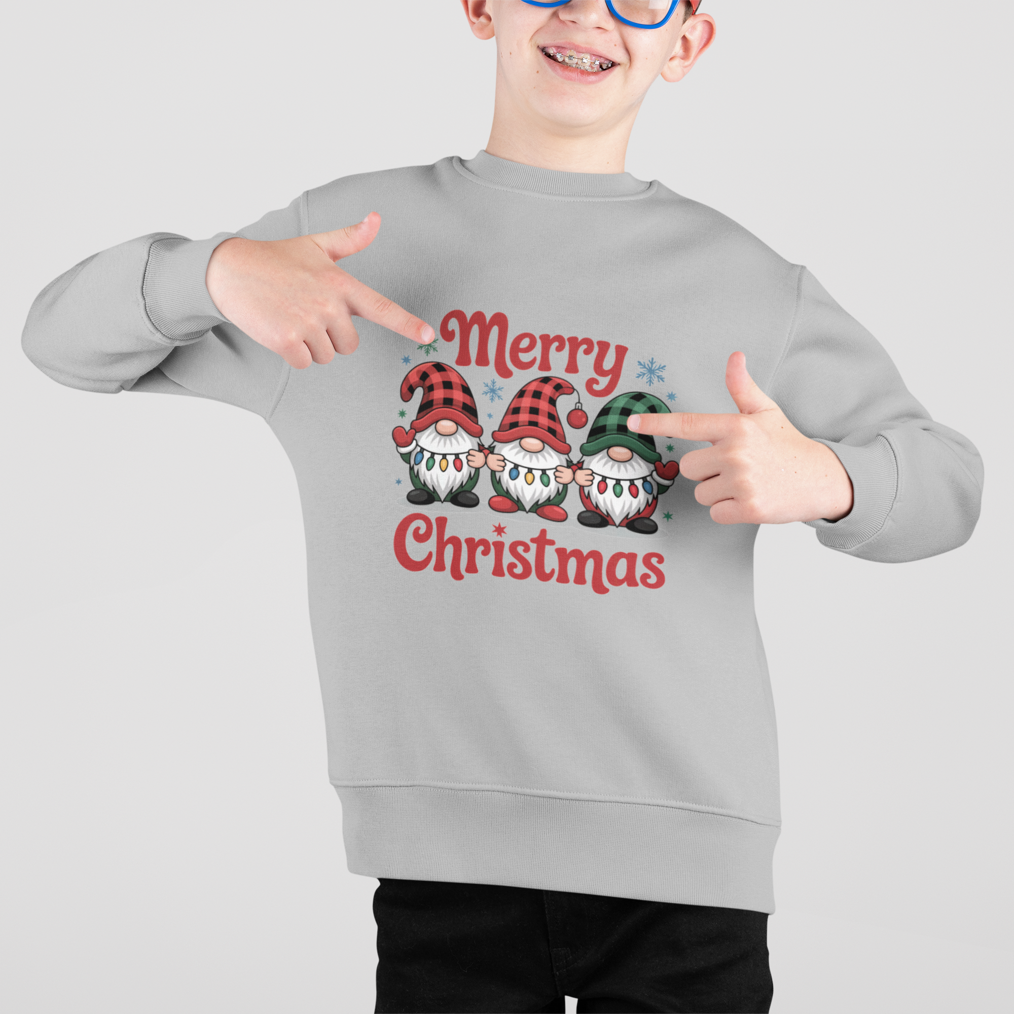 Merry Christmas Gnomes – Kinder Crewneck Sweatshirt (Warm & Cozy)